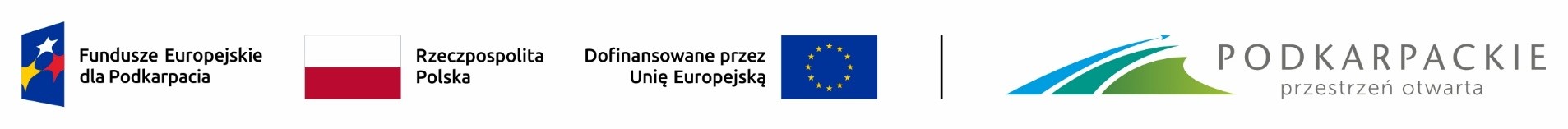 pasek loga fundusze europejskie dla podkarpacia, flaga Rzeczpospolitej Polskiej, Flaga Unii Europejskiej z napisem Dofinansowane przez Unię Europejską oraz Podkarpacie przestrzeń otwarta