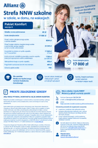 Ulotka informacyjna Allianz „Strefa NNW szkolne” – Pakiet Komfort, wersja A, dla uczniów Medyczno-Społecznego Centrum Kształcenia Zawodowego.