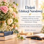 Na zdjęciu kwiaty, książki i życzenia o treści: Z wyrazami wdzięczności i uznania składamy serdeczne życzenia Nauczycielom oraz Pracownikom Administracji i Obsługi. Niech każdy dzień przynosi satysfakcję, życzliwość i dumę z wykonywanej pracy. MSCKZiU w Rzeszowie Na dole napis Treści stworzone przez SI